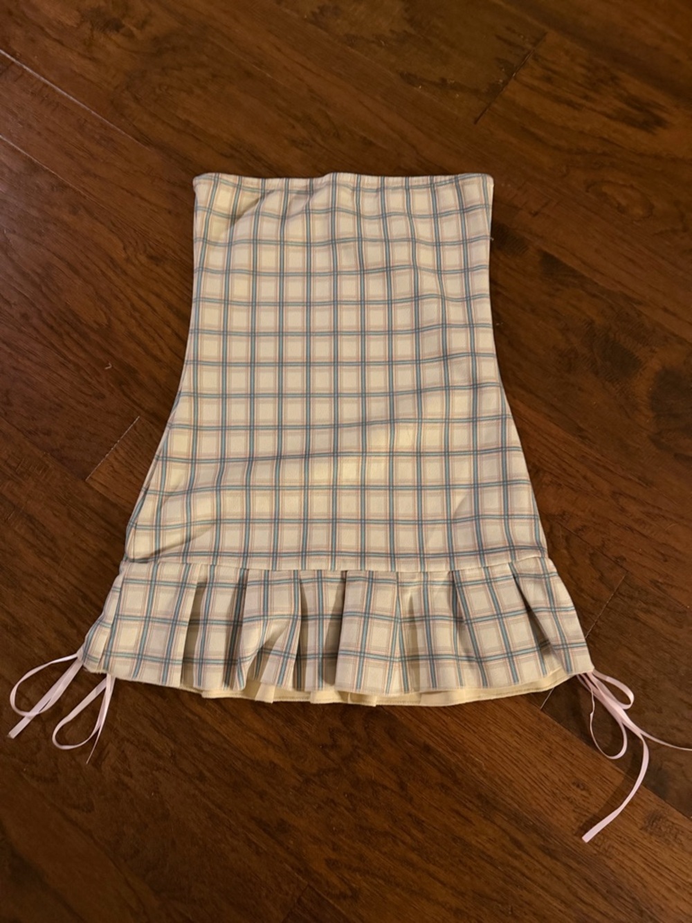 Plaid Mini Dress with Ruffle Hem - Blue Pink & Cream